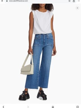 PAIGE Distressed Blue Anessa Raw Wide-Leg Cropped Jeans